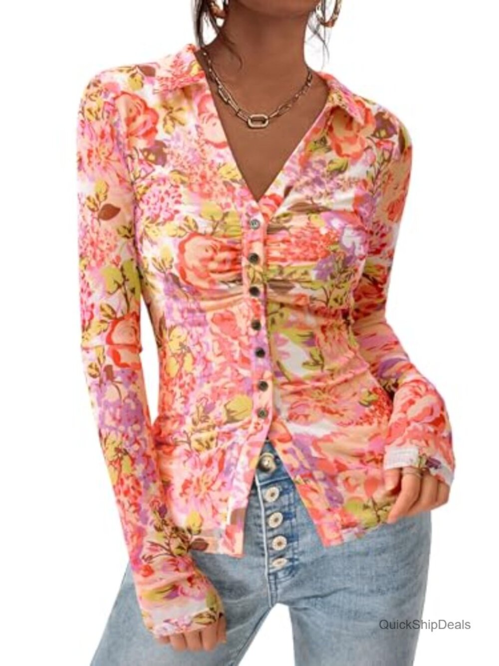 Women's Boho Mesh Floral Button Down Blouse V-Neck Long Sleeve